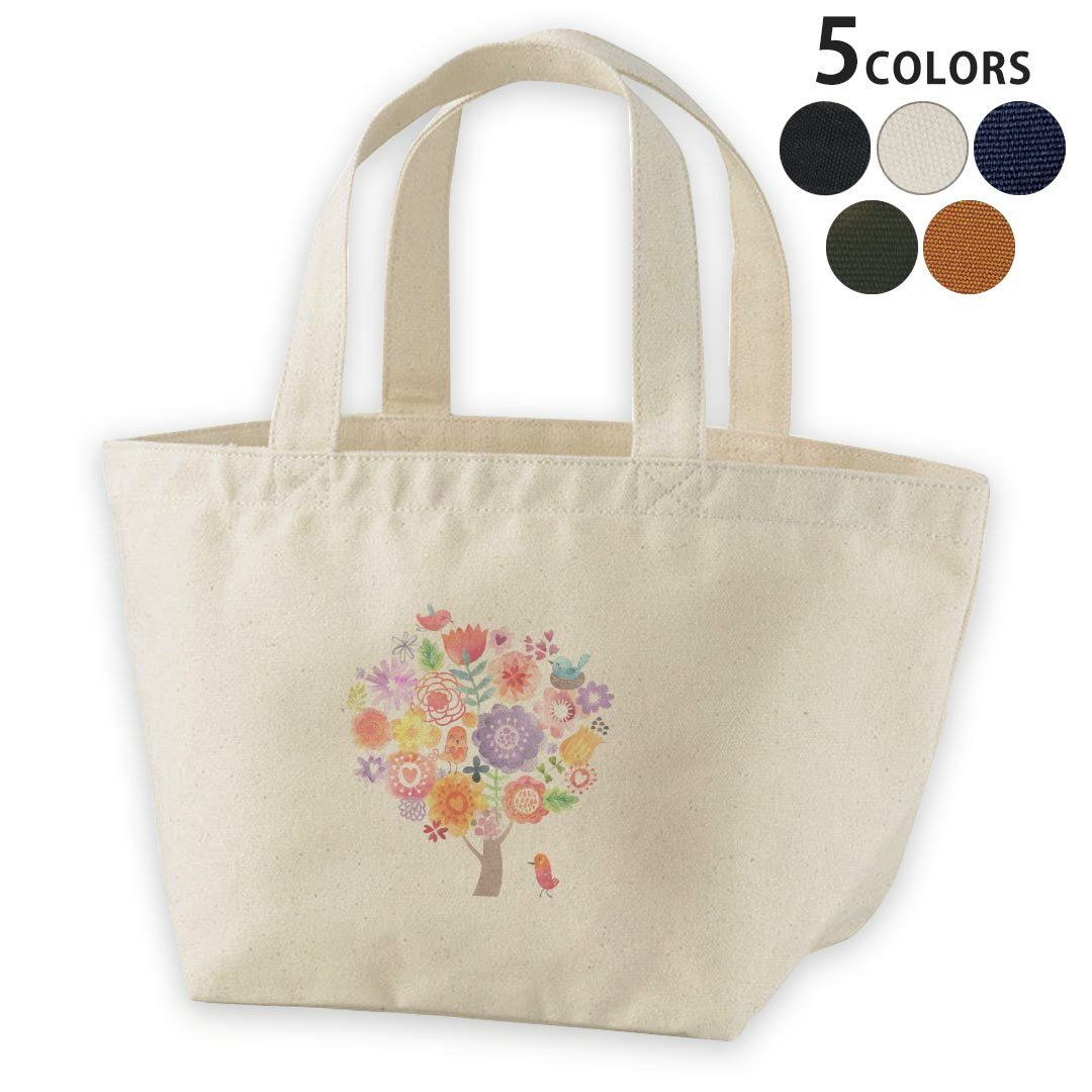 デザインランチバッグ キャンバス デイパック バッグ レディースバッグ トートバッグ ナチュラル 黒 black 009645 フラワー　鳥　カラフル