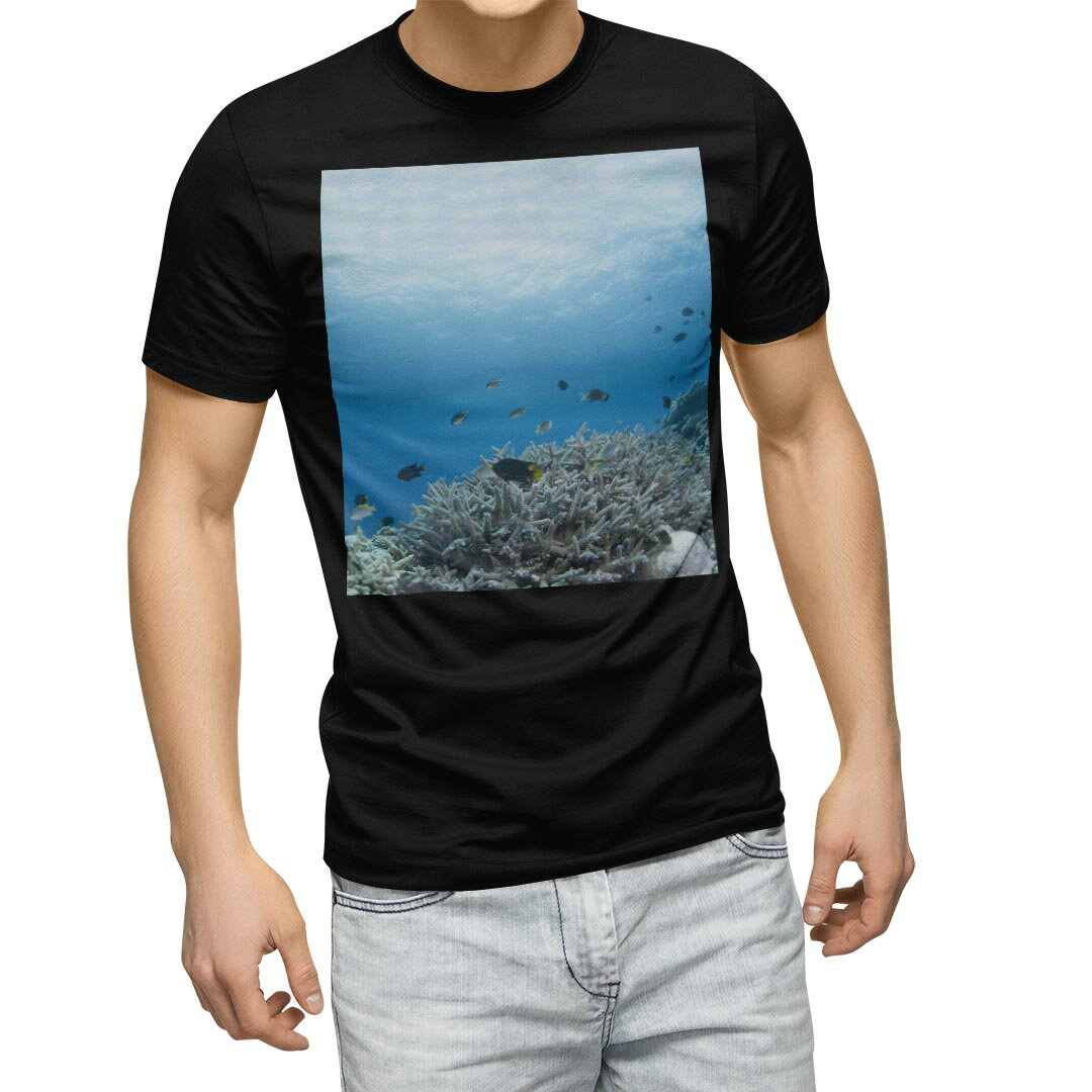 tシャツ メンズ 半袖 ブラック デザイン XS S M L XL 2XL Tシャツ ティーシャツ T shirt　黒 000060 アニマル 海　魚　自然　サンゴ