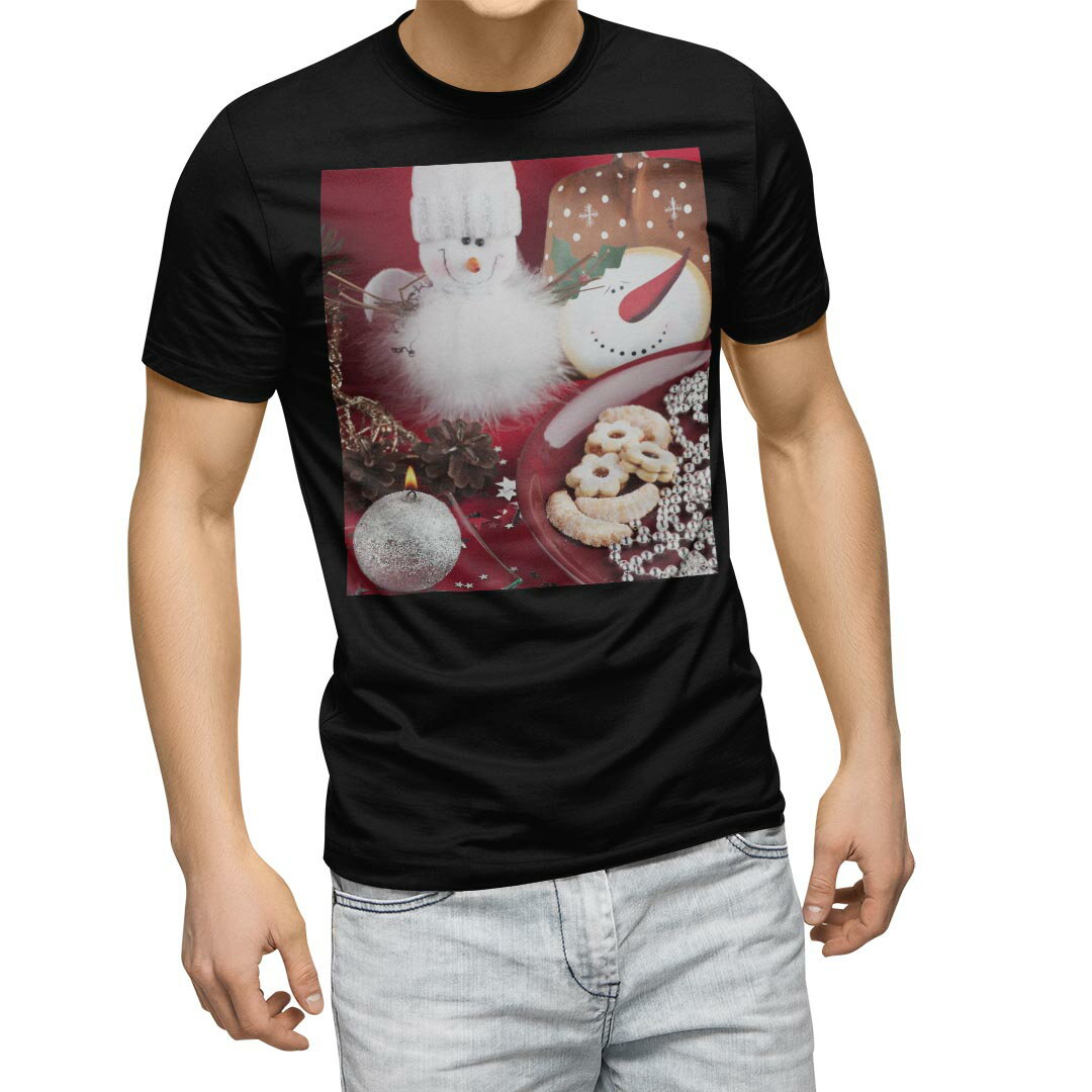 tシャツ メンズ 半袖 ブラック デザイン XS S M L XL 2XL Tシャツ ティーシャツ T shirt　黒 000896 写真・風景 クリスマス　雪だるま