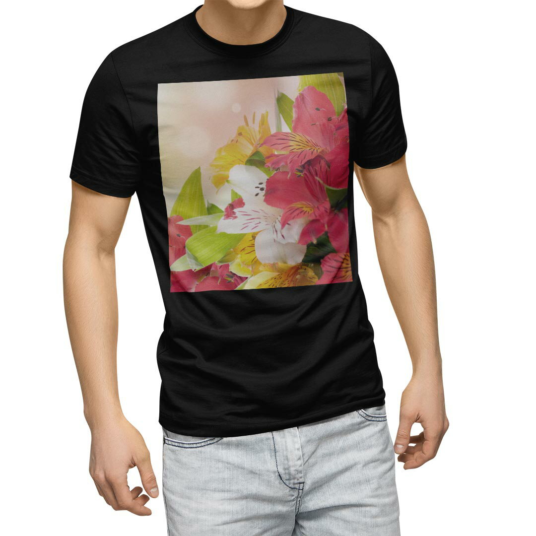 tシャツ メンズ 半袖 ブラック デザイン XS S M L XL 2XL Tシャツ ティーシャツ T shirt　黒 000970 フラワー 花　ツツジ