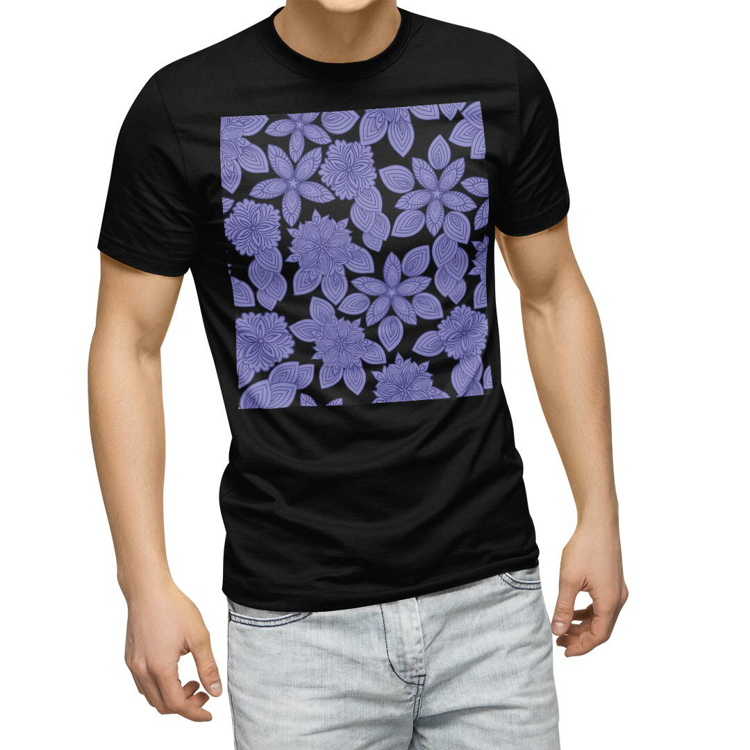tシャツ メンズ 半袖 ブラック デザイン XS S M L XL 2XL Tシャツ ティーシャツ T shirt　黒 001118 フラワー 花　むらさき