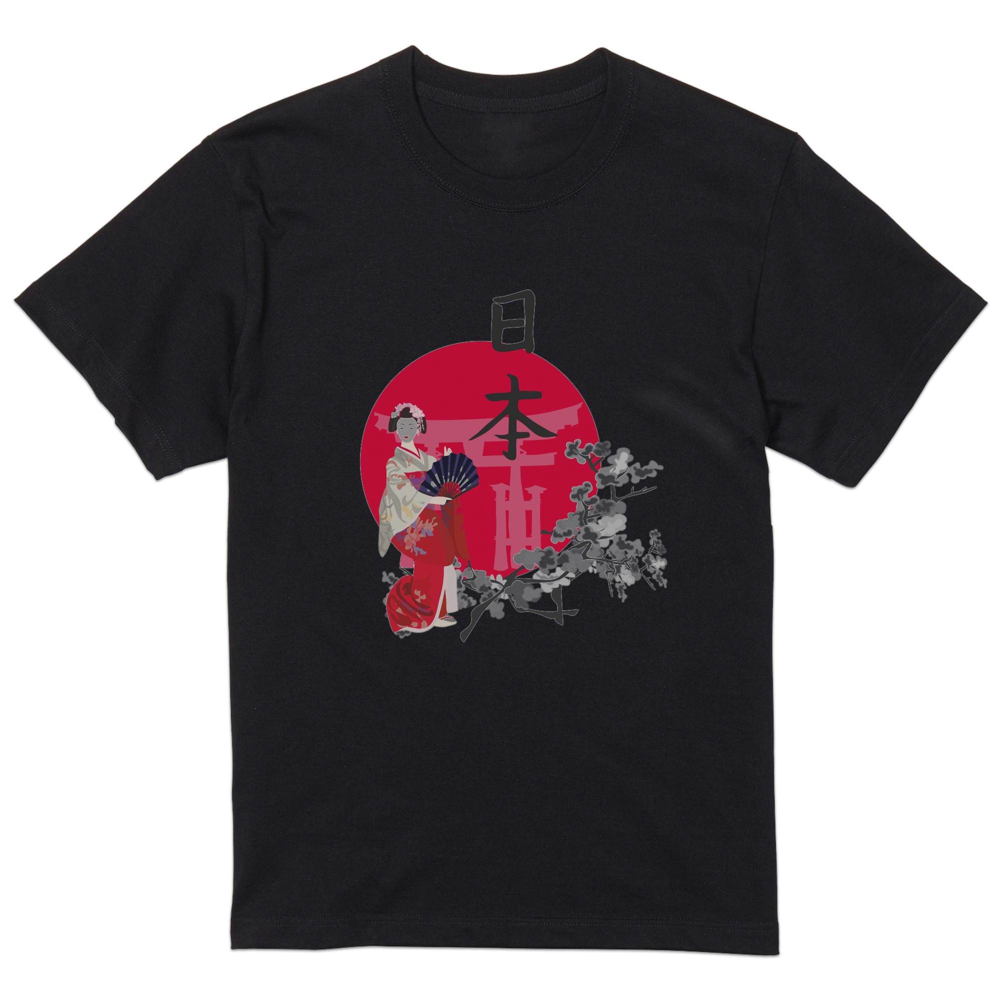 tシャツ メンズ 半袖 ブラック デザイン XS S M L XL 2XL Tシャツ ティーシャツ T shirt 黒 001136 日本　芸者　桜