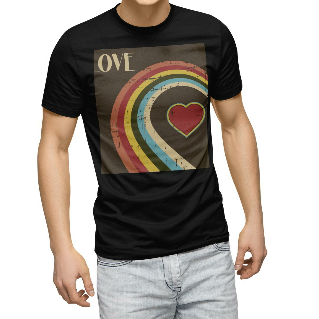 tシャツ メンズ 半袖 ブラック デザイン XS S M L XL 2XL Tシャツ ティーシャツ T shirt 黒 001215 ラブリー ハート レインボー