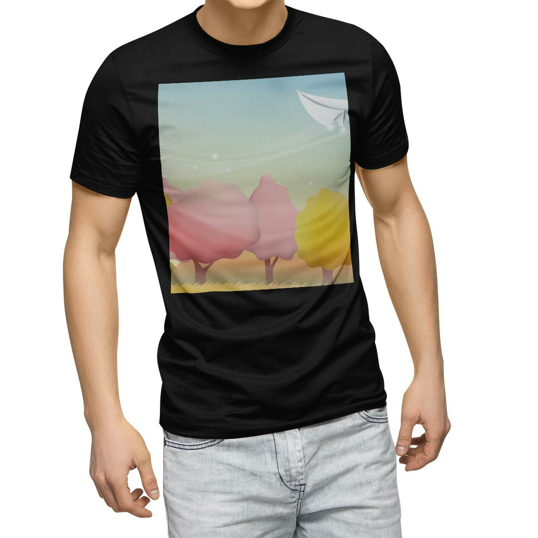 tシャツ メンズ 半袖 ブラック デザイン XS S M L XL 2XL Tシャツ ティーシャツ T shirt　黒 001293 フラワー 紙飛行機　木