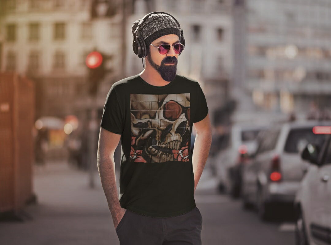 tシャツ メンズ 半袖 ブラック デザイン XS S M L XL 2XL Tシャツ ティーシャツ T shirt　黒 000056 ユニーク がいこつ　ペイント　壁画