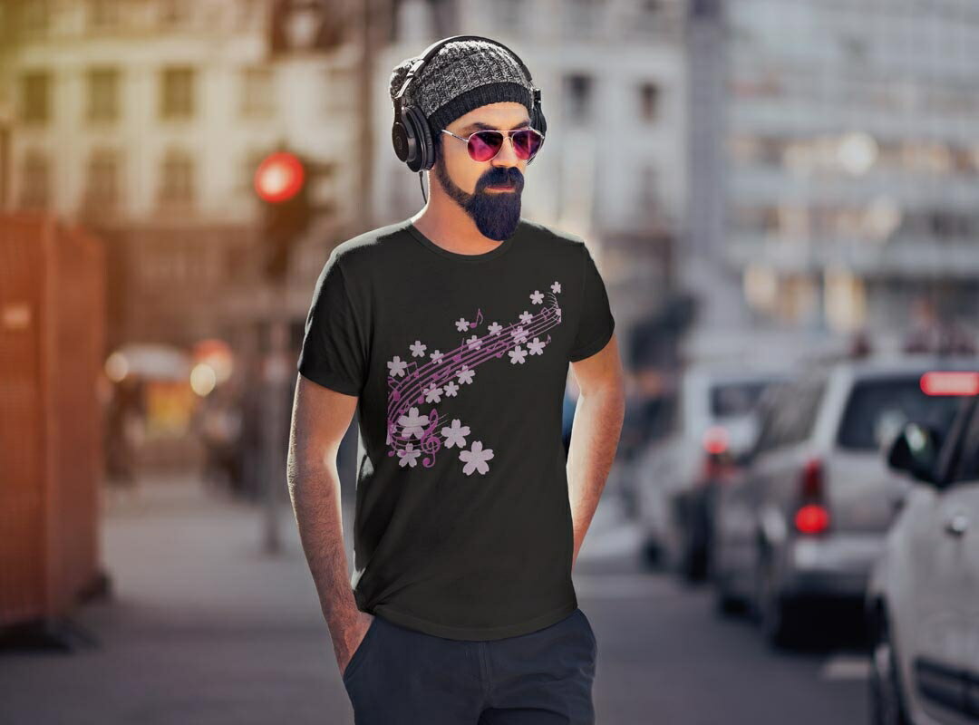 tシャツ メンズ 半袖 ブラック デザイン XS S M L XL 2XL Tシャツ ティーシャツ T shirt 黒 005311 桜　音楽　ピンク