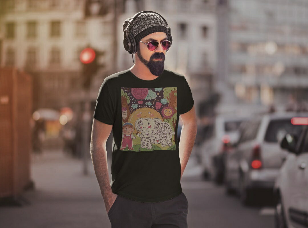 tシャツ メンズ 半袖 ブラック デザイン XS S M L XL 2XL Tシャツ ティーシャツ T shirt　黒 005334 ラブリー イラスト　太陽　ぞう　花