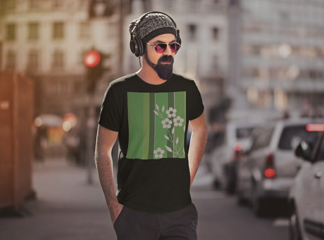 tシャツ メンズ 半袖 ブラック デザイン XS S M L XL 2XL Tシャツ ティーシャツ T shirt　黒 007857 フラワー 花　フラワー　グリーン　緑