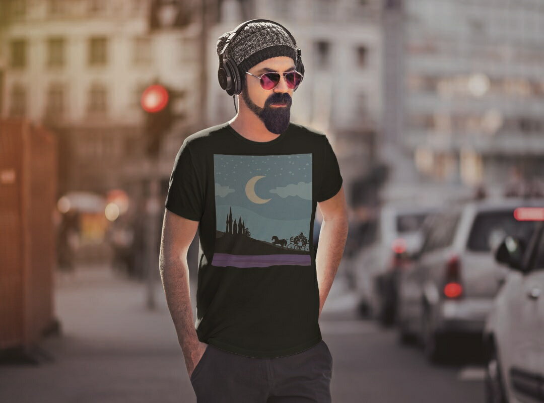 tシャツ メンズ 半袖 ブラック デザイン XS S M L XL 2XL Tシャツ ティーシャツ T shirt　黒 011310 月　お城　夜空