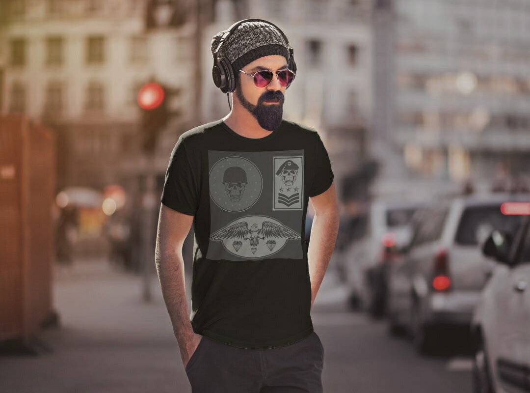 tシャツ メンズ 半袖 ブラック デザイン XS S M L XL 2XL Tシャツ ティーシャツ T shirt　黒 011502 骸骨　階級　星