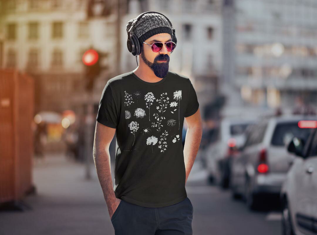 tシャツ メンズ 半袖 ブラック デザイン XS S M L XL 2XL Tシャツ ティーシャツ T shirt 黒 013428 モノトーン　花　葉