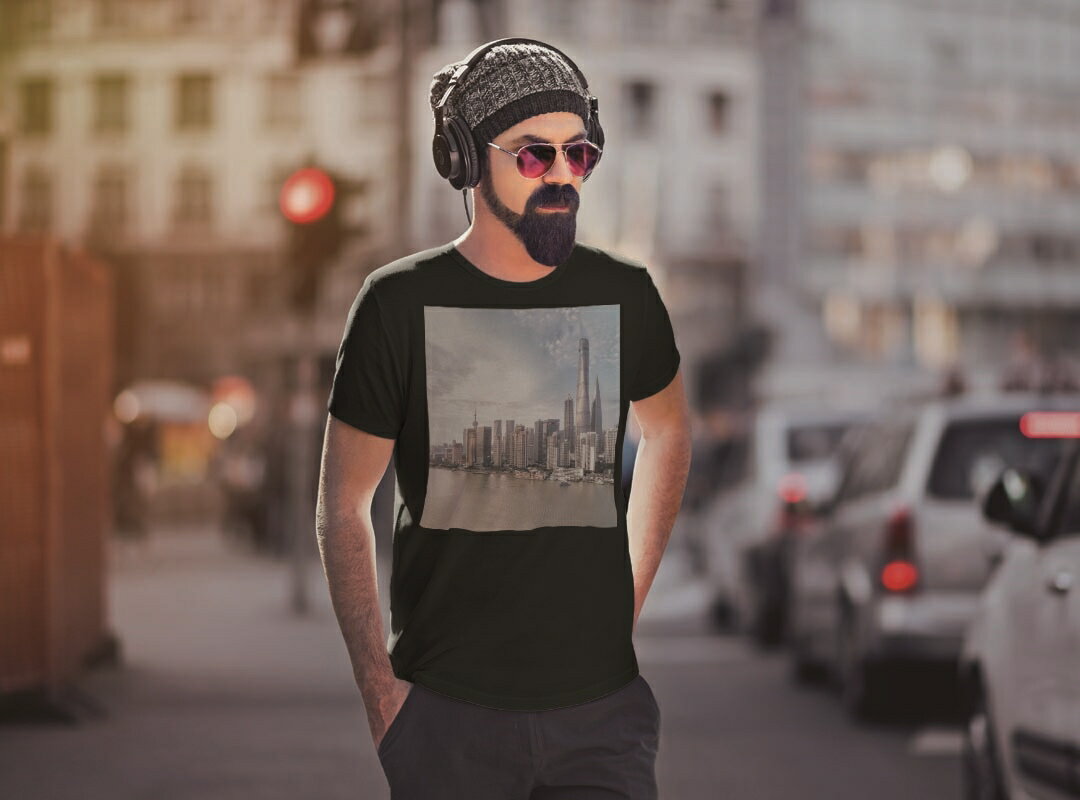 tシャツ メンズ 半袖 ブラック デザイン XS S M L XL 2XL Tシャツ ティーシャツ T shirt　黒 014922 景色　ビル　建物