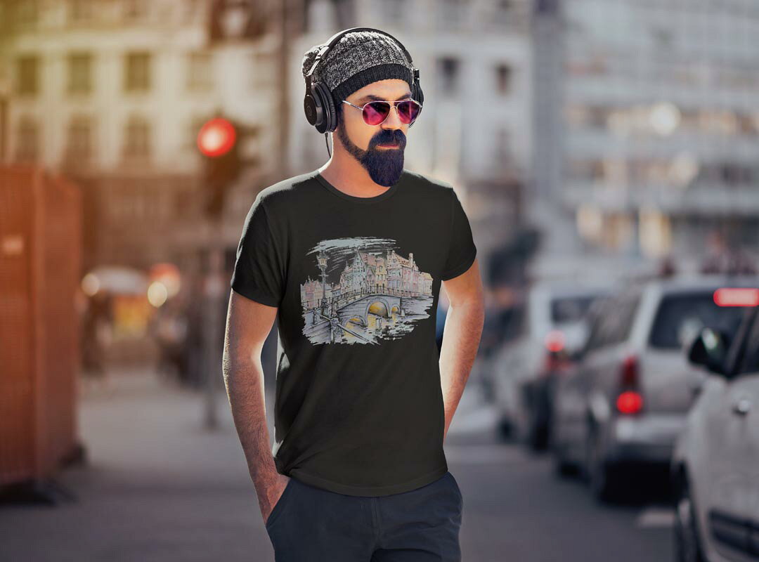 tシャツ メンズ 半袖 ブラック デザイン XS S M L XL 2XL Tシャツ ティーシャツ T shirt 黒 014927 手描き　街　おしゃれ