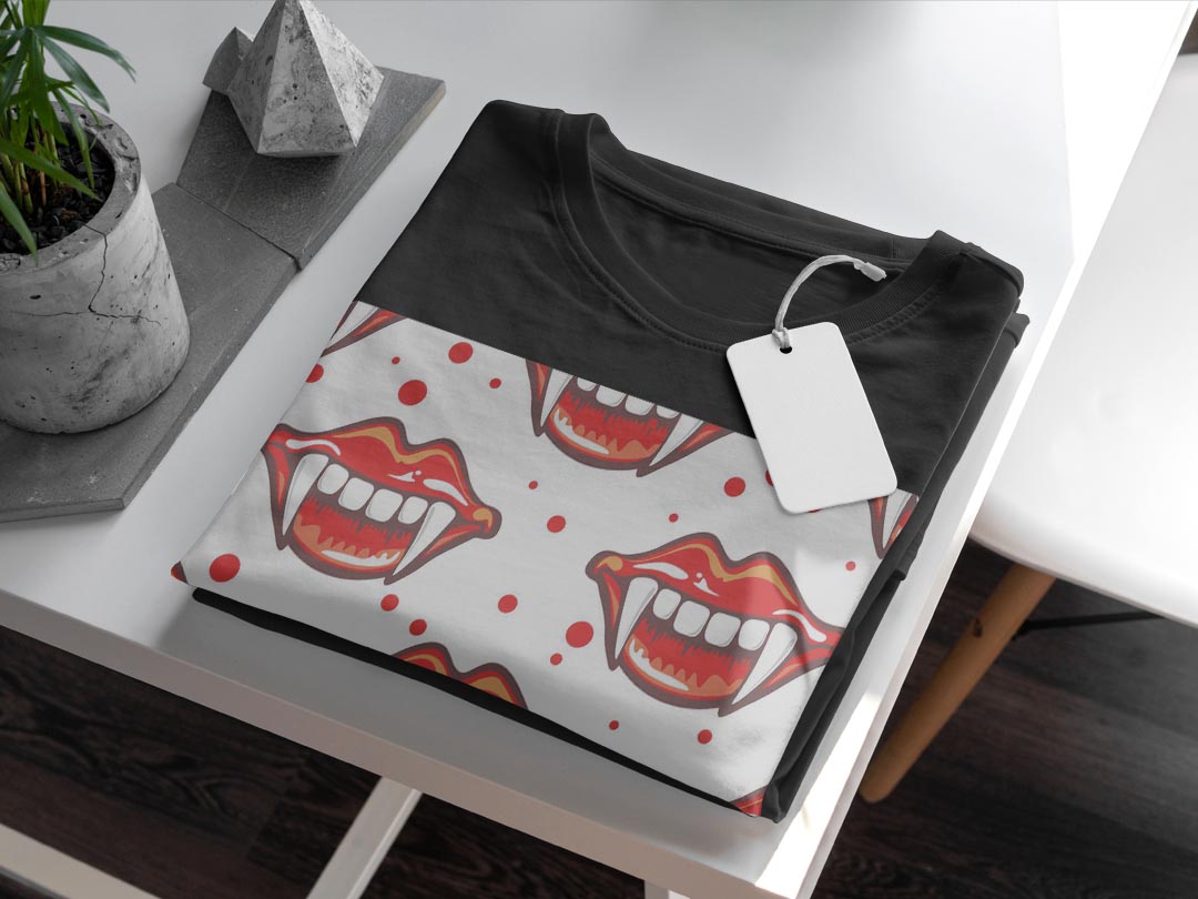 tシャツ メンズ 半袖 ブラック デザイン XS S M L XL 2XL Tシャツ ティーシャツ T shirt　黒 011704 唇　牙　赤