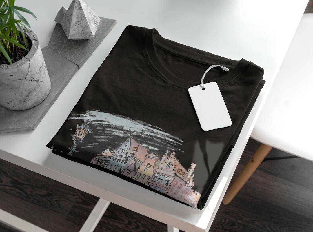 tシャツ メンズ 半袖 ブラック デザイン XS S M L XL 2XL Tシャツ ティーシャツ T shirt 黒 014927 手描き　街　おしゃれ