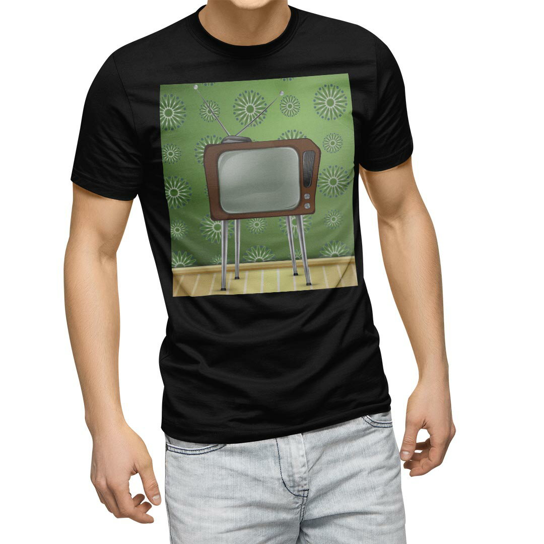 楽天kabeコレtシャツ メンズ 半袖 ブラック デザイン XS S M L XL 2XL Tシャツ ティーシャツ T shirt　黒 002391 ユニーク テレビ　花　緑