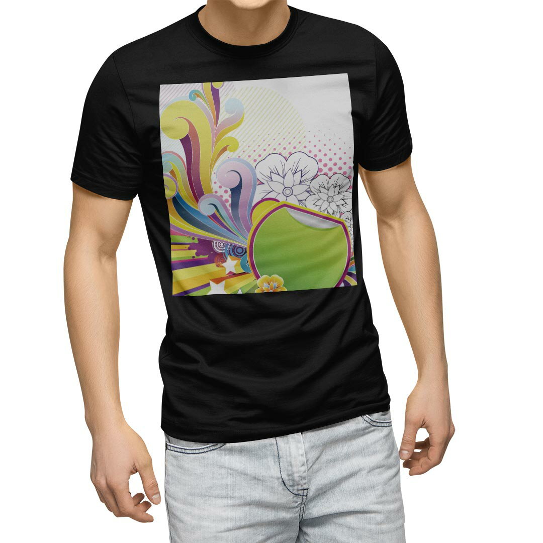 乐天商城 - tシャツ メンズ 半袖 ブラック デザイン XS S M L XL 2XL Tシャツ ティーシャツ T shirt　黒 002733 ユニーク 花　星　カラフル
