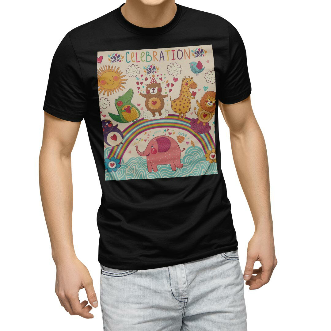 Character - tシャツ メンズ 半袖 ブラック デザイン XS S M L XL 2XL Tシャツ ティーシャツ T shirt　黒 002831 アニマル 動物　キャラクター　カラフル