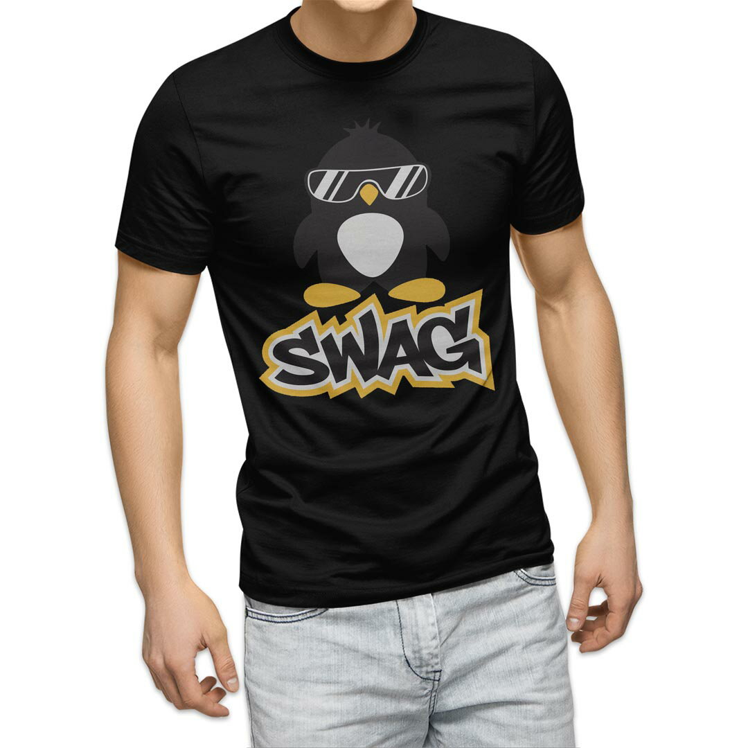 Character - tシャツ メンズ 半袖 ブラック デザイン XS S M L XL 2XL Tシャツ ティーシャツ T shirt 黒 003537 ペンギン　動物　キャラクター