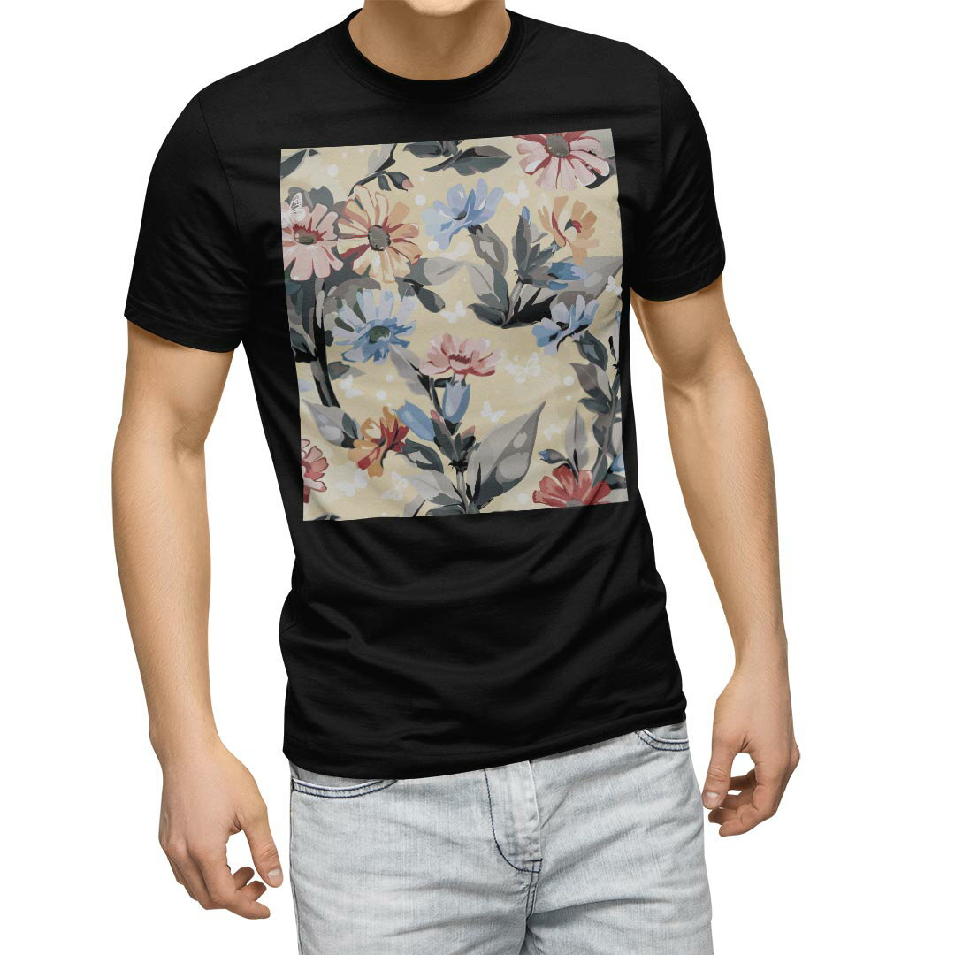 Rakuten - tシャツ メンズ 半袖 ブラック デザイン XS S M L XL 2XL Tシャツ ティーシャツ T shirt　黒 003986 フラワー 花　フラワー　カラフル
