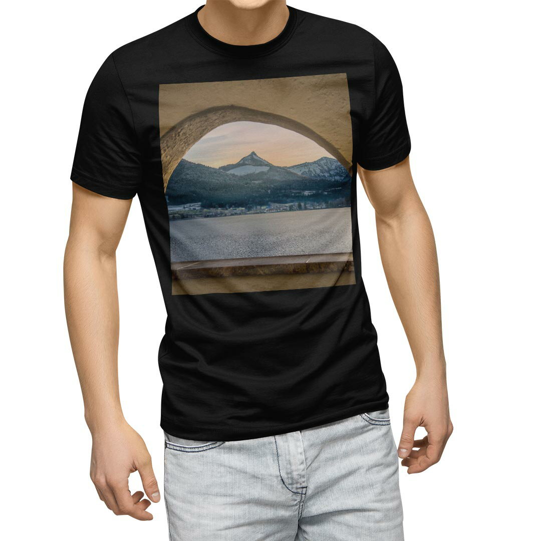 乐天商城 - tシャツ メンズ 半袖 ブラック デザイン XS S M L XL 2XL Tシャツ ティーシャツ T shirt　黒 022878 写真　風景　湖