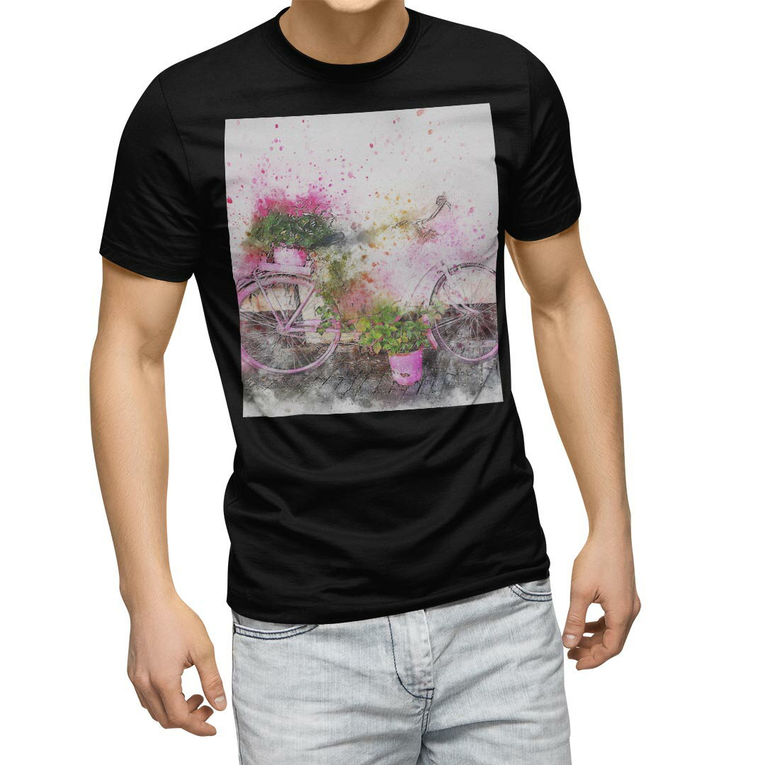 Other - tシャツ メンズ 半袖 ブラック デザイン XS S M L XL 2XL Tシャツ ティーシャツ T shirt　黒 022975 自転車　イラスト　花　ペイント