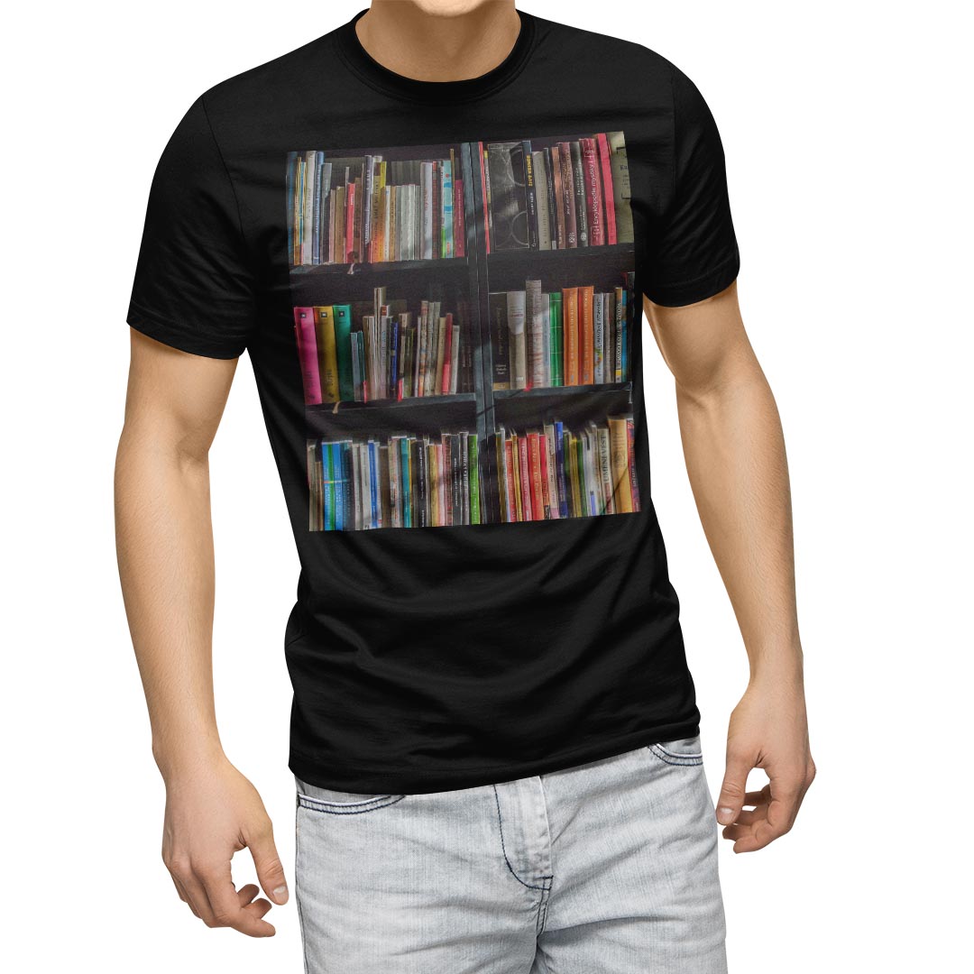 tシャツ メンズ 半袖 ブラック デザイン XS S M L XL 2XL Tシャツ ティーシャツ T shirt 黒 023004 本棚 写真