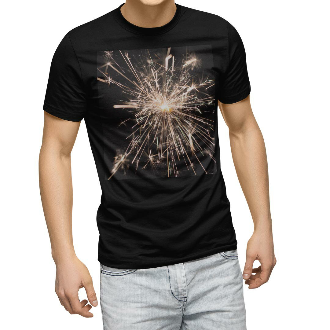 tシャツ メンズ 半袖 ブラック デザイン XS S M L XL 2XL Tシャツ ティーシャツ T shirt 黒 023100 花火 写真