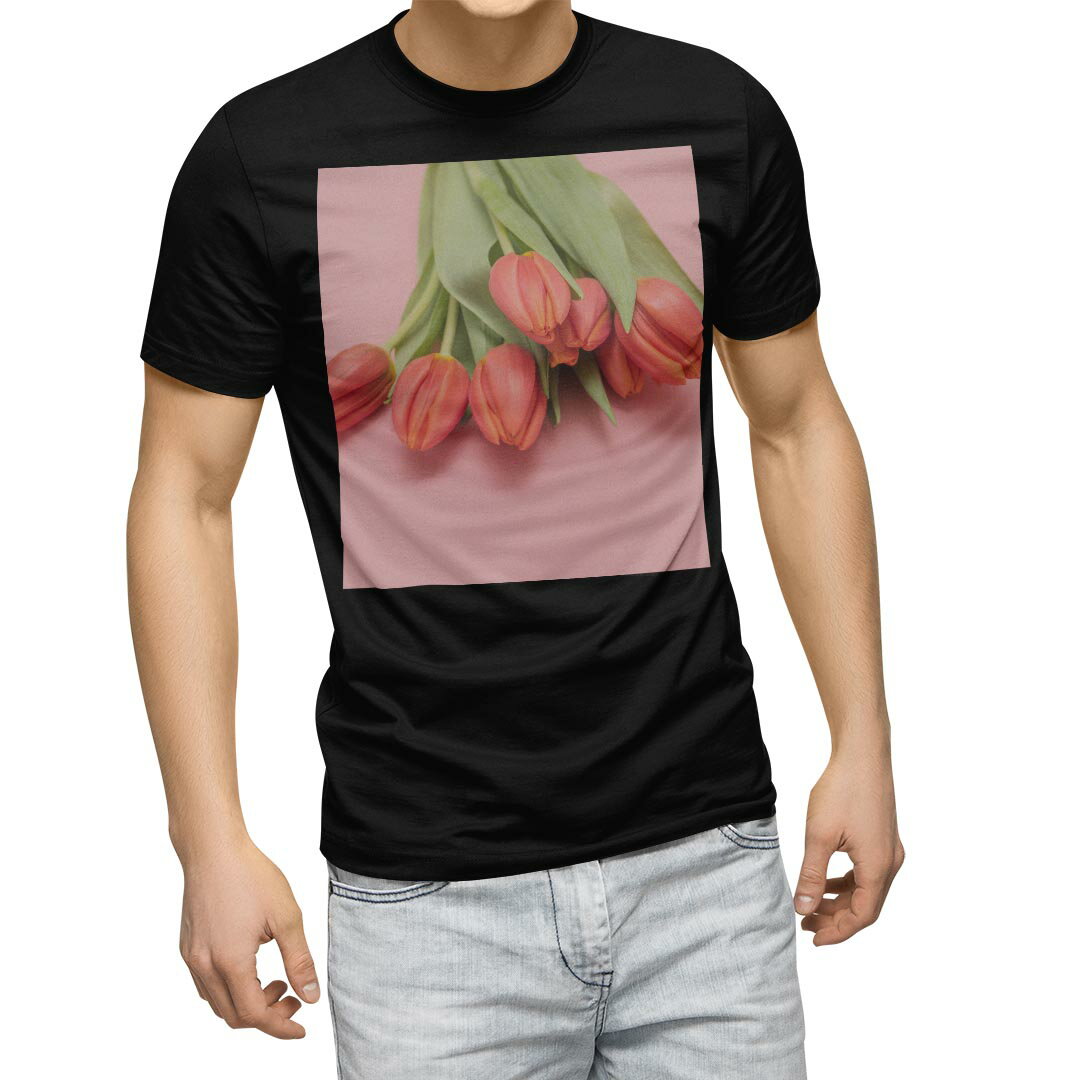tシャツ メンズ 半袖 ブラック デザイン XS S M L XL 2XL Tシャツ ティーシャツ T shirt 黒 023309 花 フラワー チューリップ 写真