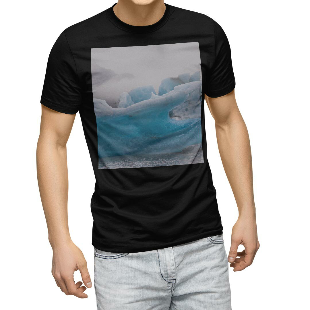 tシャツ メンズ 半袖 ブラック デザイン XS S M L XL 2XL Tシャツ ティーシャツ T shirt　黒 023397 氷山　海　写真