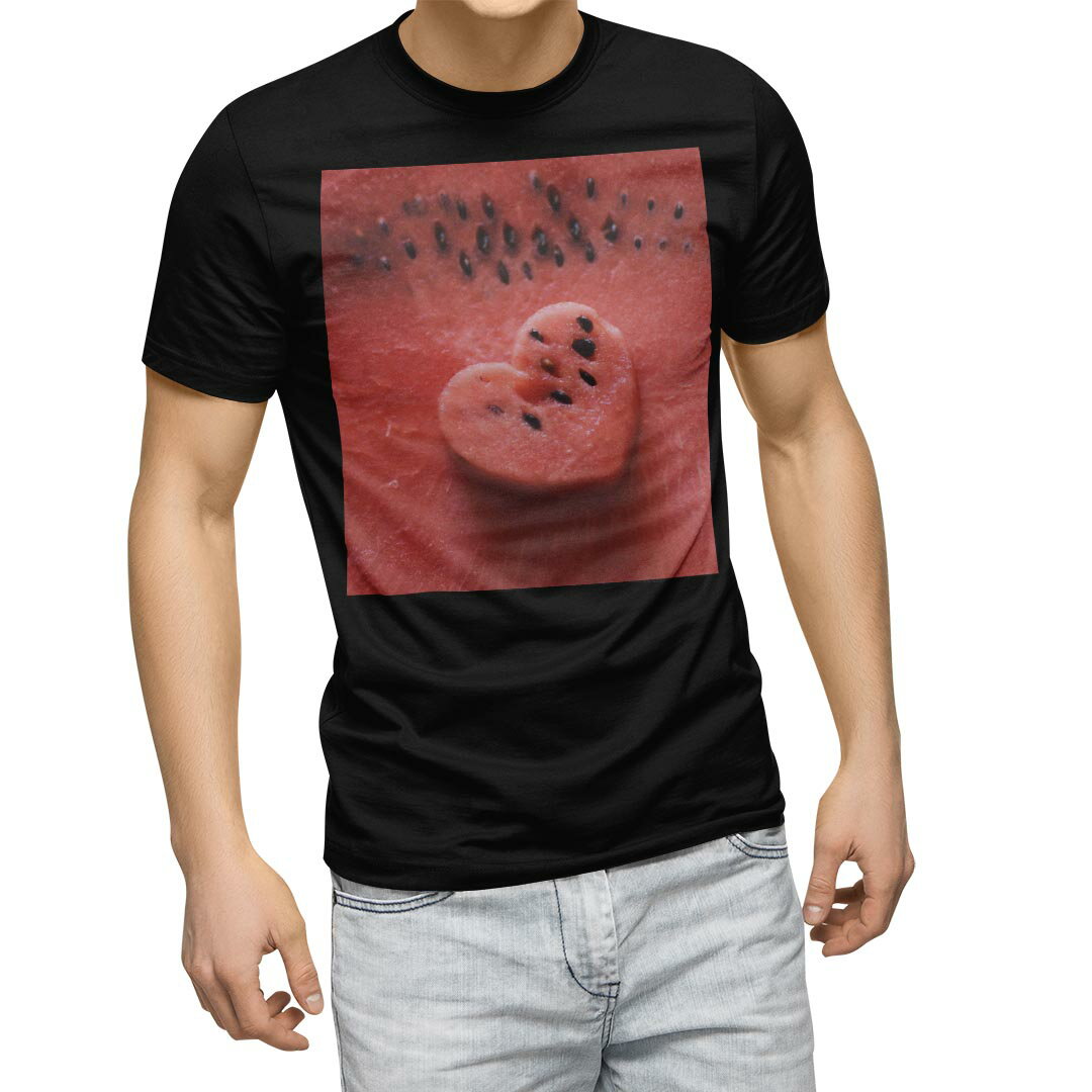 tシャツ メンズ 半袖 ブラック デザイン XS S M L XL 2XL Tシャツ ティーシャツ T shirt 黒 023429 ハート スイカ フルーツ 果物