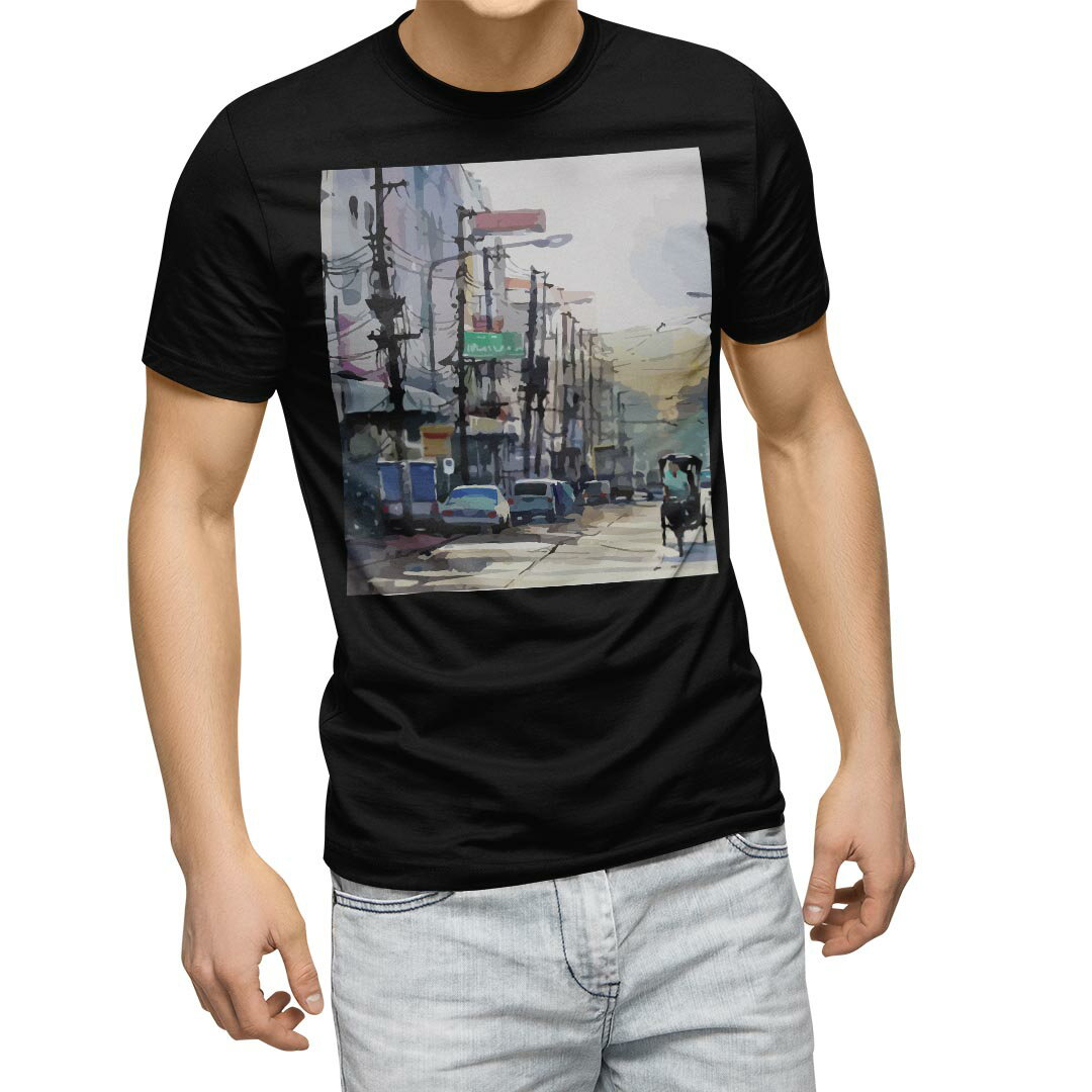 Short Sleeves - tシャツ メンズ 半袖 ブラック デザイン XS S M L XL 2XL Tシャツ ティーシャツ T shirt　黒 023643 街並み　風景