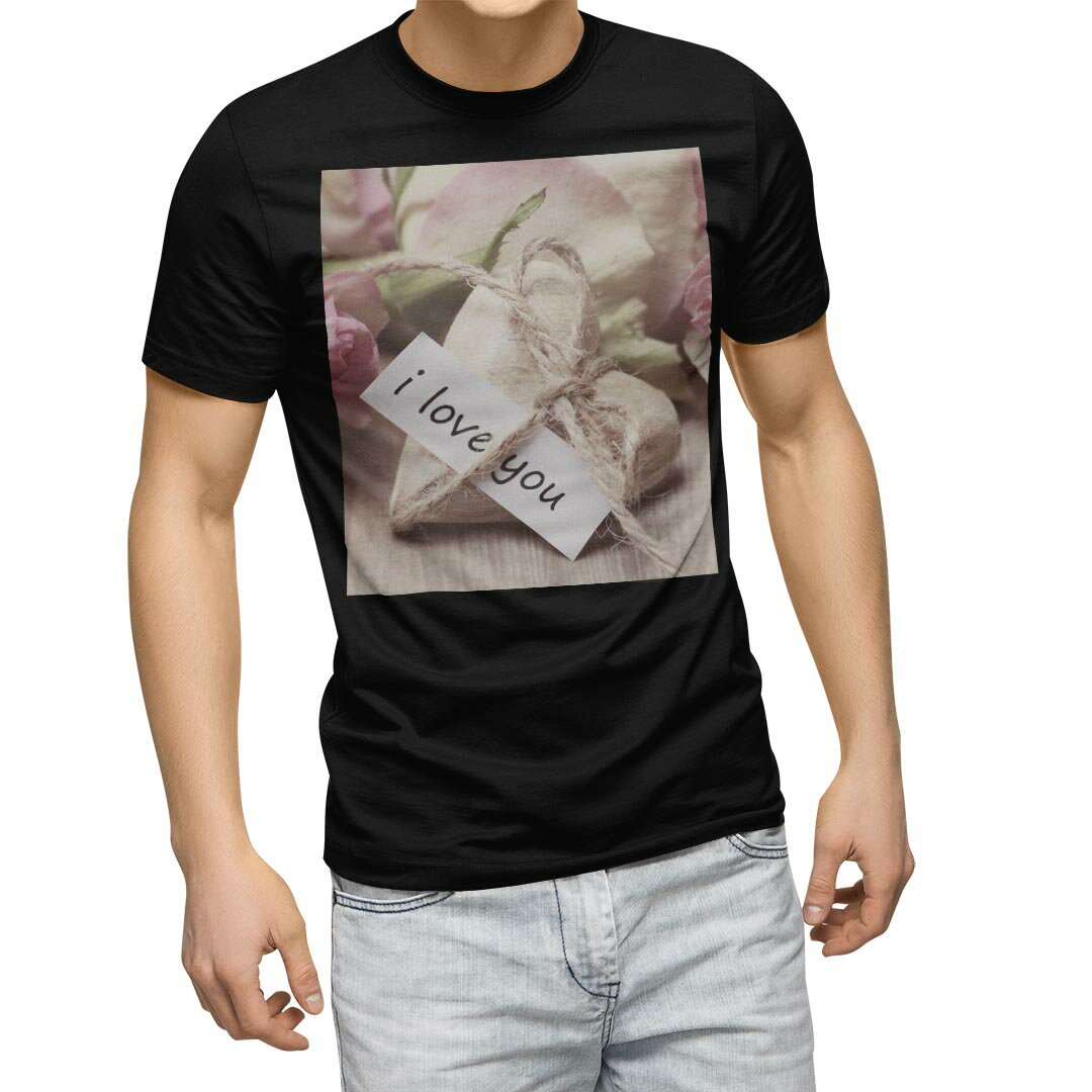 tシャツ メンズ 半袖 ブラック デザイン XS S M L XL 2XL Tシャツ ティーシャツ T shirt 黒 023746 花 フラワー ハート
