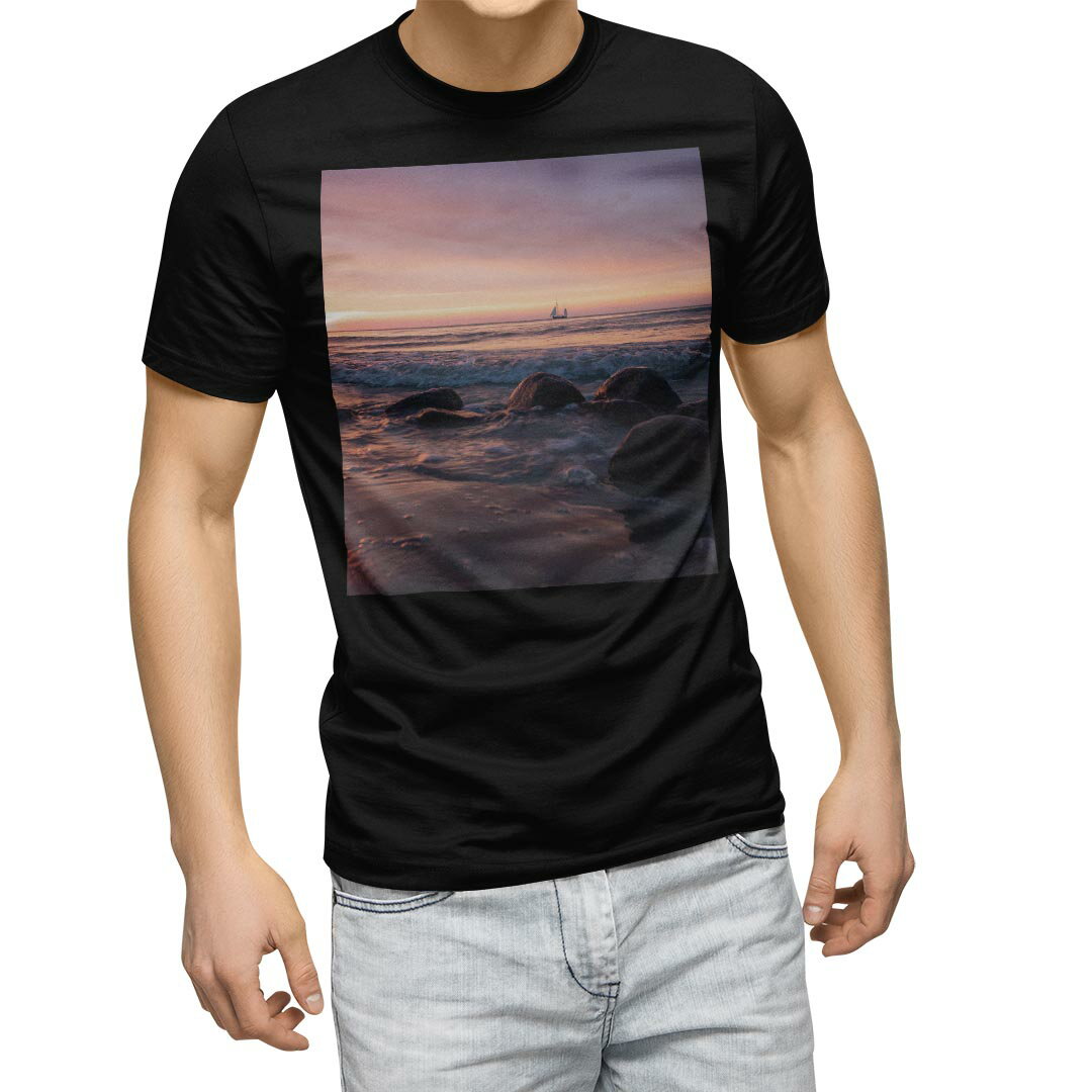 Rakuten - tシャツ メンズ 半袖 ブラック デザイン XS S M L XL 2XL Tシャツ ティーシャツ T shirt　黒 023770 海　夕日　景色