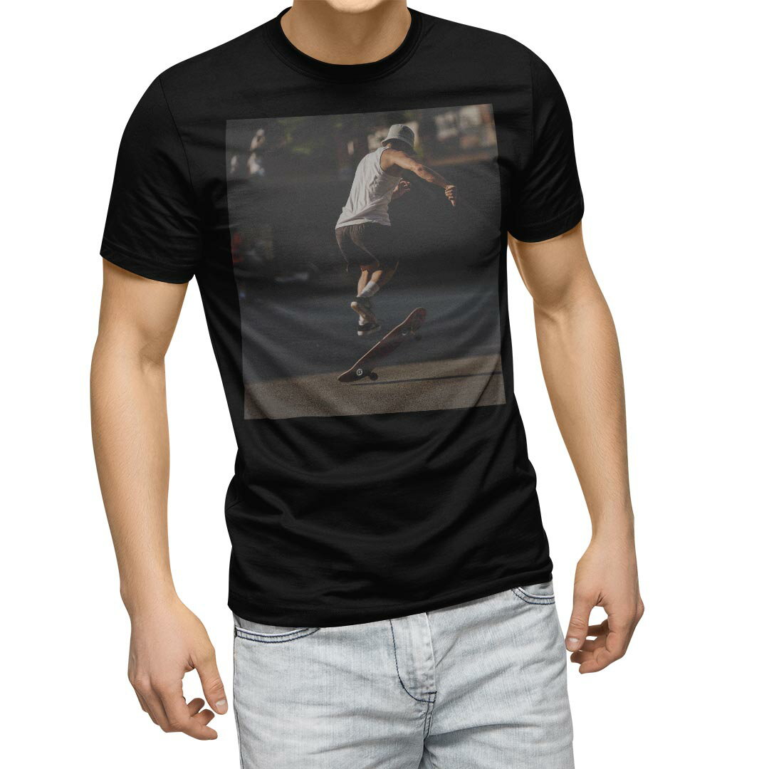tシャツ メンズ 半袖 ブラック デザイン XS S M L XL 2XL Tシャツ ティーシャツ T shirt　黒 023799 スケボー　写真　人物