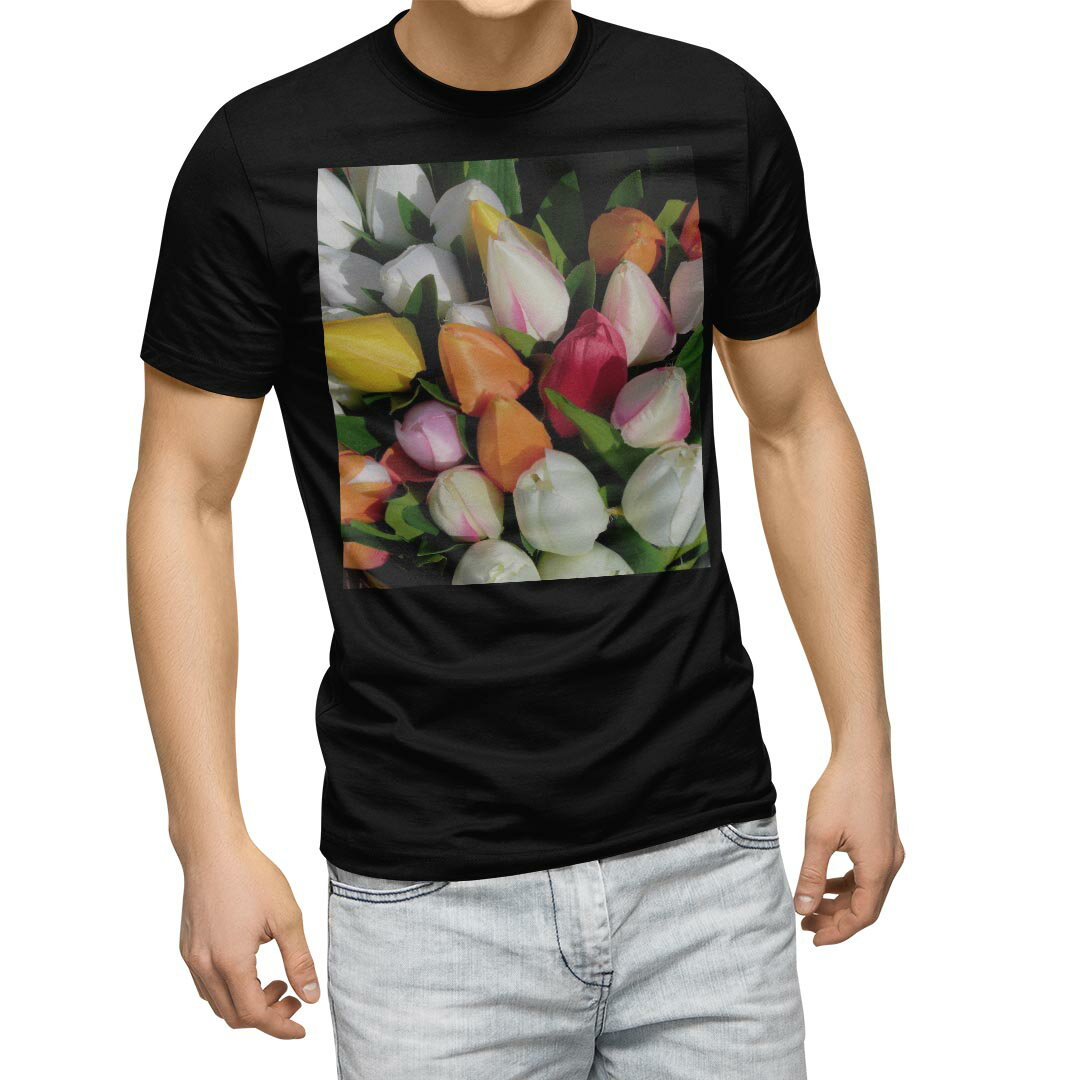 tシャツ メンズ 半袖 ブラック デザイン XS S M L XL 2XL Tシャツ ティーシャツ T shirt 黒 023917 花 フラワー チューリップ
