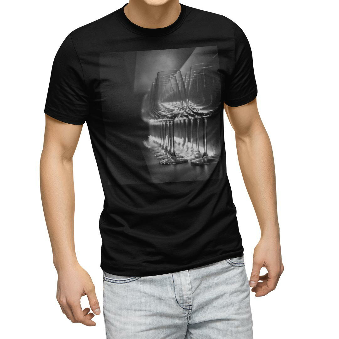 tシャツ メンズ 半袖 ブラック デザイン XS S M L XL 2XL Tシャツ ティーシャツ T shirt 黒 023974 グラス モノクロ 写真