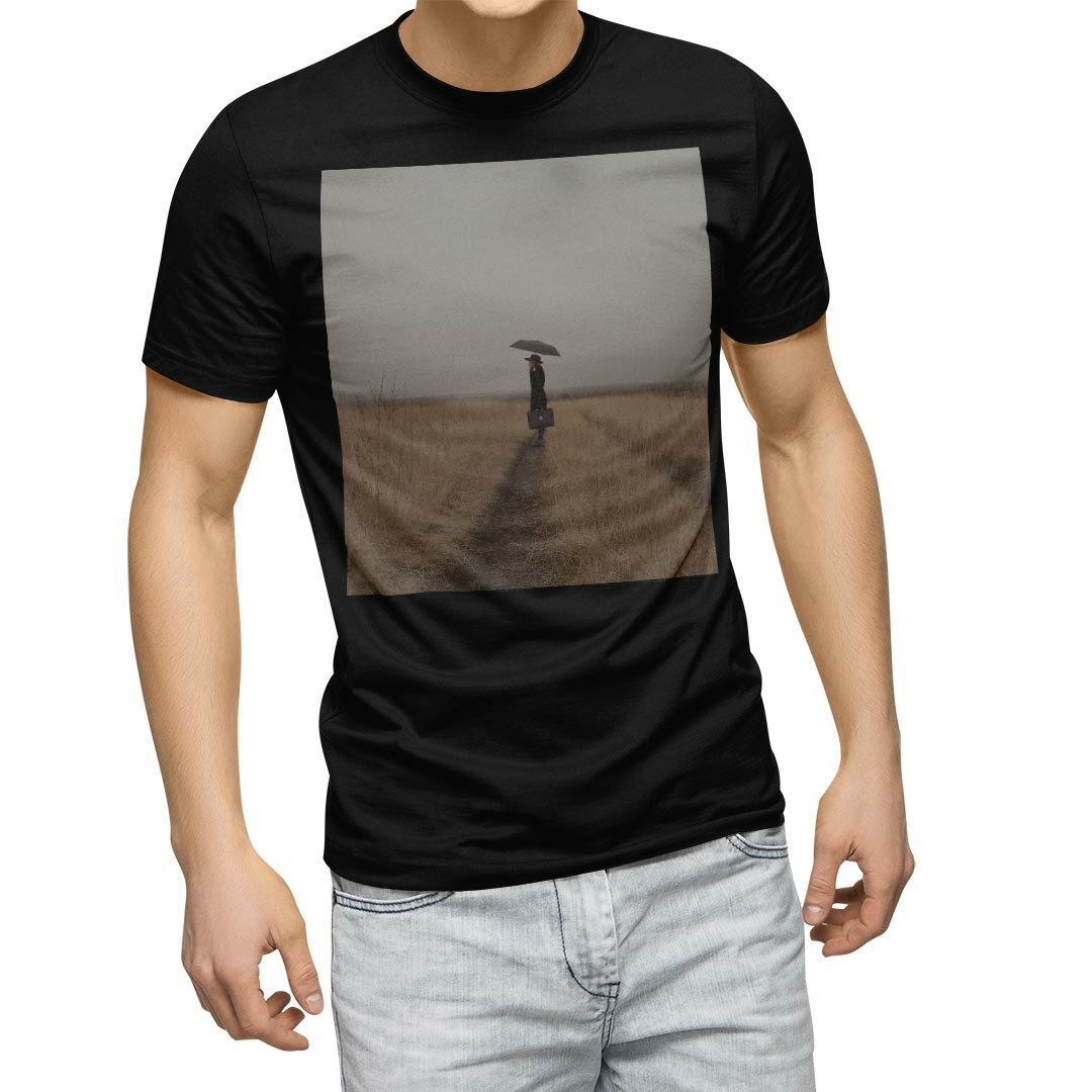 tシャツ メンズ 半袖 ブラック デザイン XS S M L XL 2XL Tシャツ ティーシャツ T shirt 黒 023982 人物 傘