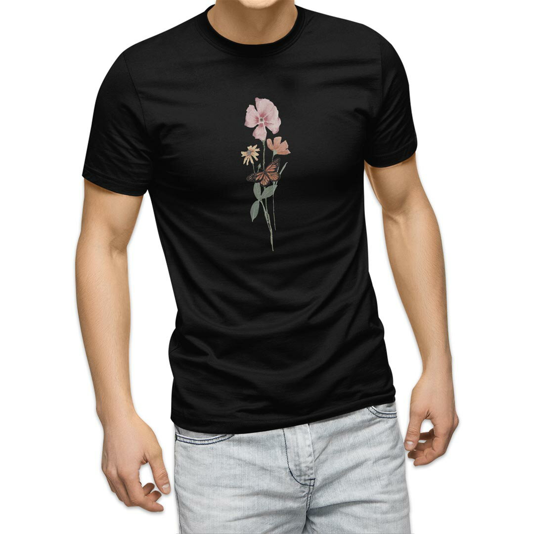 tシャツ メンズ 半袖 ブラック デザイン XS S M L XL 2XL Tシャツ ティーシャツ T shirt　黒 031832 花 蝶々 ピンク(4)