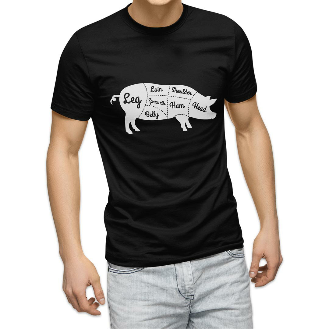 tシャツ メンズ 半袖 ブラック デザイン XS S M L XL 2XL Tシャツ ティーシャツ T shirt 黒 031913 豚 ..