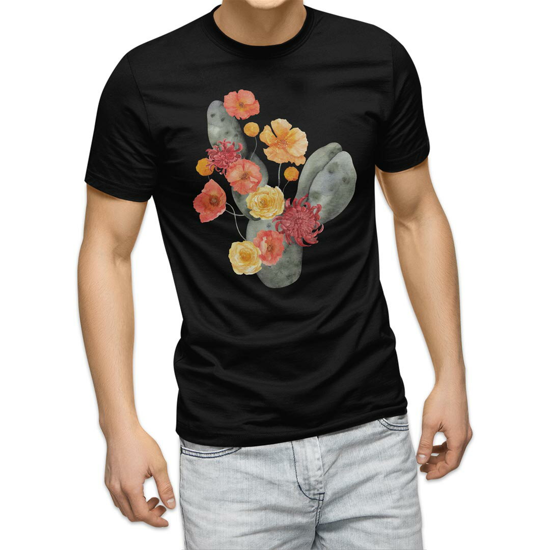 Original - tシャツ メンズ 半袖 ブラック デザイン XS S M L XL 2XL Tシャツ ティーシャツ T shirt　黒 032203 サボテン フラワー