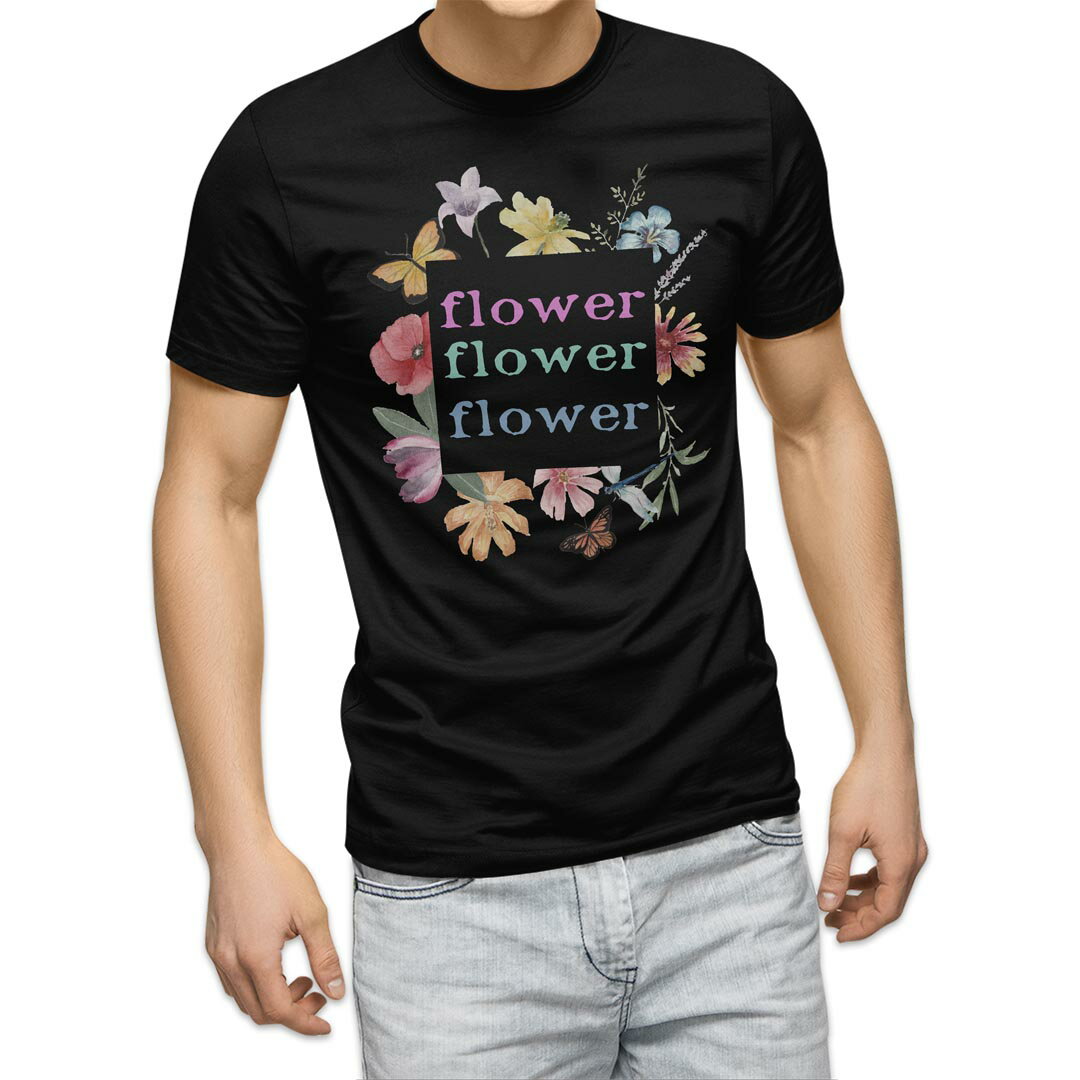 tシャツ メンズ 半袖 ブラック デザイン XS S M L XL 2XL Tシャツ ティーシャツ T shirt　黒 032218 フラワー