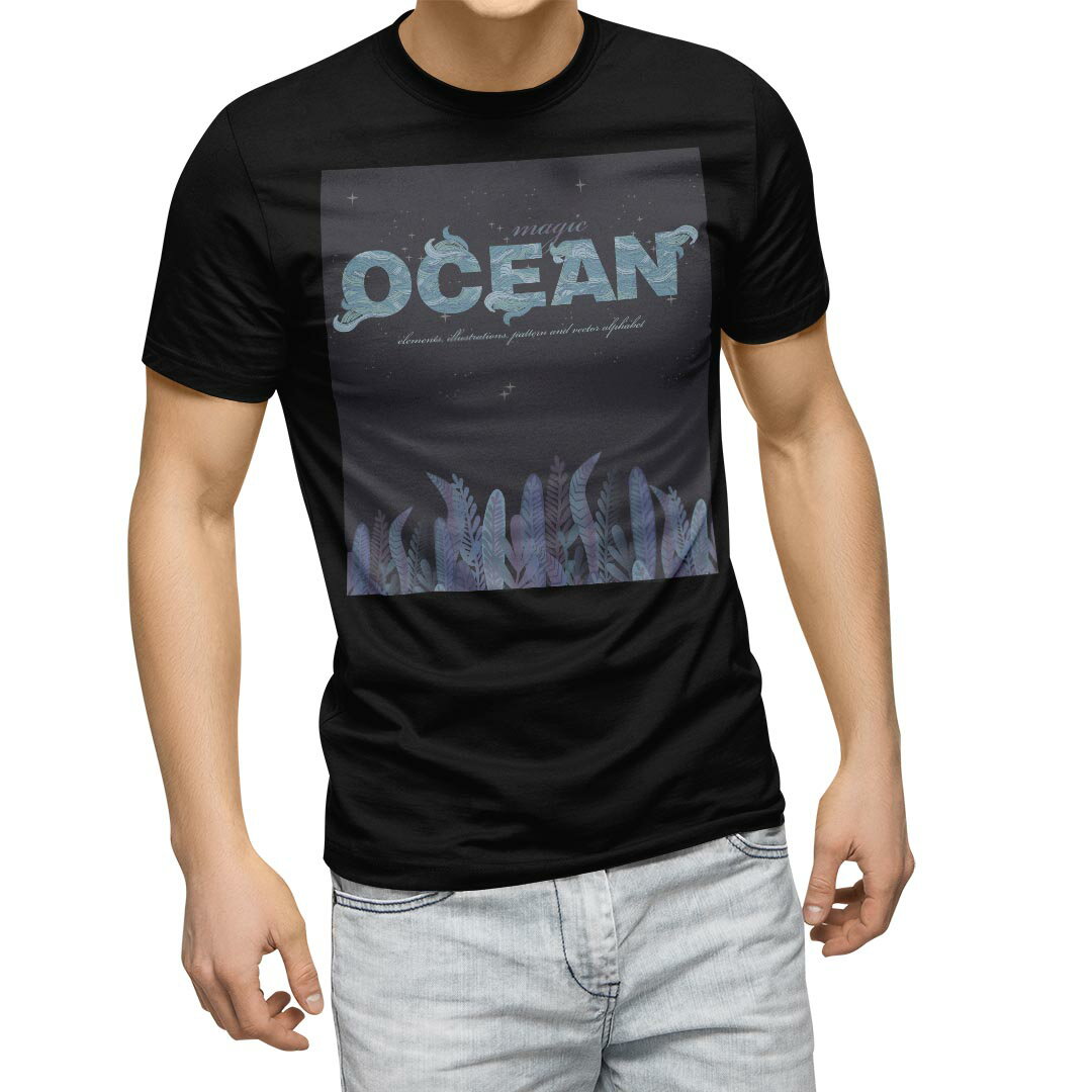 tシャツ メンズ 半袖 ブラック デザイン XS S M L XL 2XL Tシャツ ティーシャツ T shirt　黒 032252 海 イラスト(4.0)