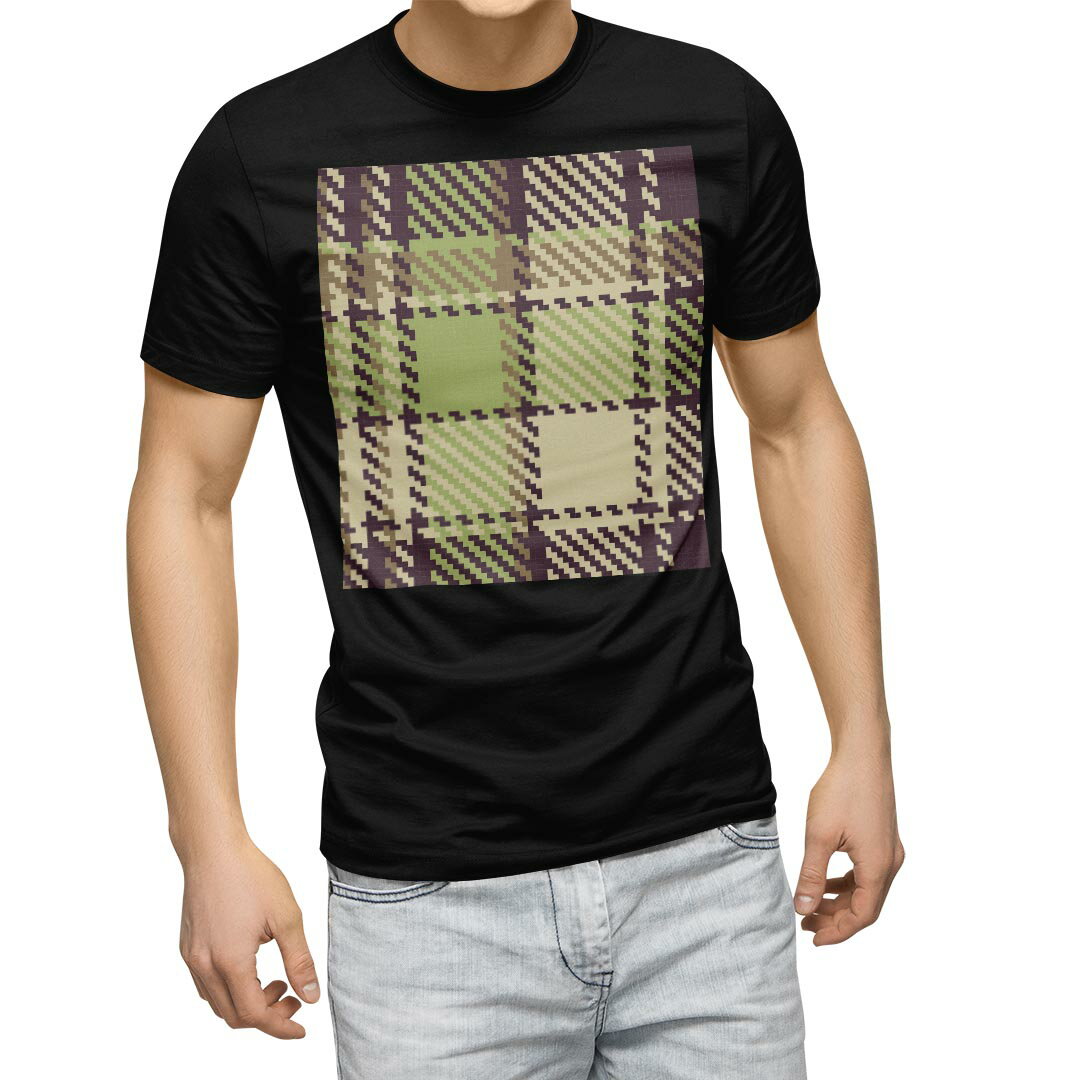 tシャツ メンズ 半袖 ブラック デザイン XS S M L XL 2XL Tシャツ ティーシャツ T shirt　黒 004039 チェック・ボーダー チェック　ブラウン　緑
