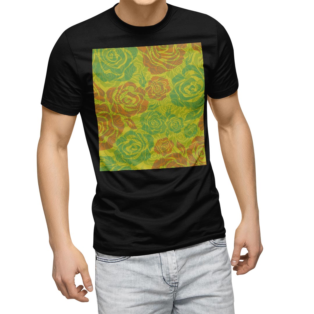 海外俱樂部（德國） - tシャツ メンズ 半袖 ブラック デザイン XS S M L XL 2XL Tシャツ ティーシャツ T shirt　黒 004067 フラワー 花　黄色　緑