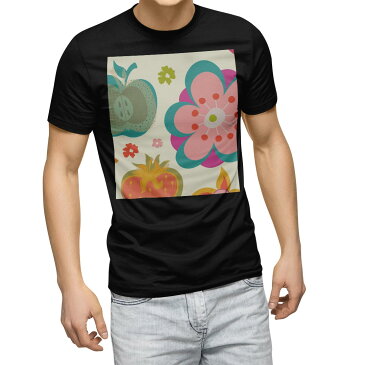 tシャツ メンズ 半袖 ブラック デザイン XS S M L XL 2XL Tシャツ ティーシャツ T shirt　黒 004080 ラブリー 花　果物　イラスト