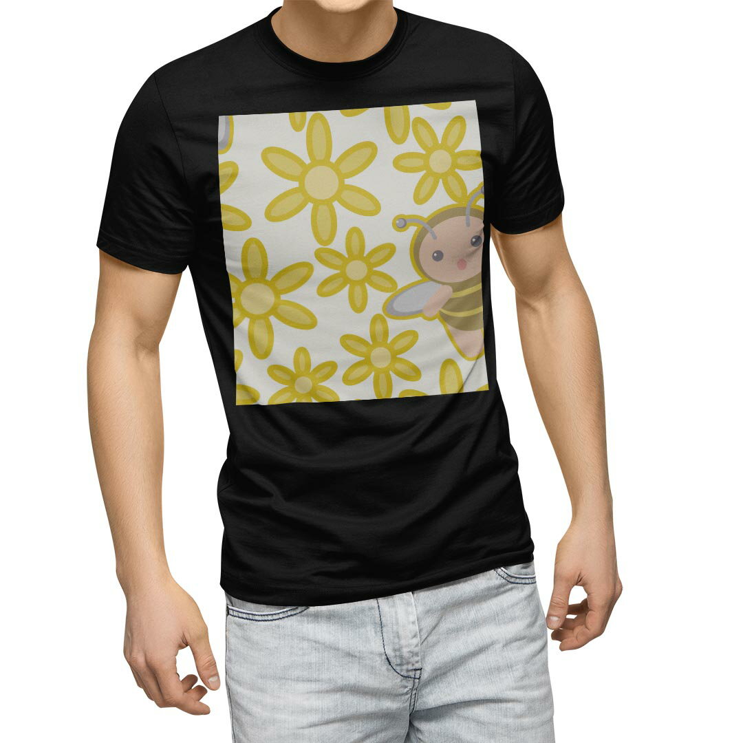Character - tシャツ メンズ 半袖 ブラック デザイン XS S M L XL 2XL Tシャツ ティーシャツ T shirt　黒 004157 ユニーク 花　キャラクター　イラスト