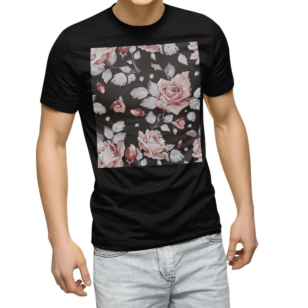 tシャツ メンズ 半袖 ブラック デザイン XS S M L XL 2XL Tシャツ ティーシャツ T shirt 黒 004179 フラワー 花 バラ 黒