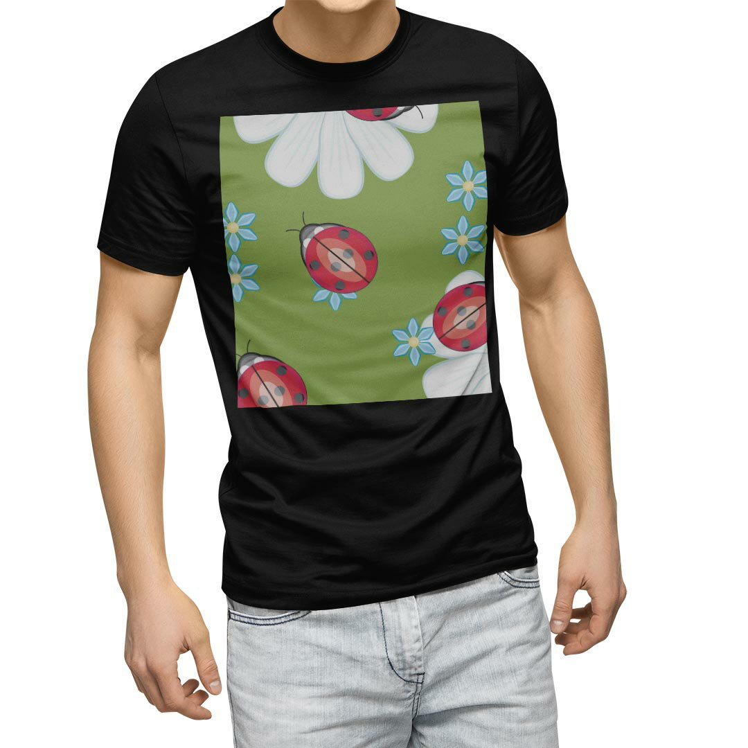tシャツ メンズ 半袖 ブラック デザイン XS S M L XL 2XL Tシャツ ティーシャツ T shirt　黒 004233 ユニーク ラブリー 花　てんとう虫　緑