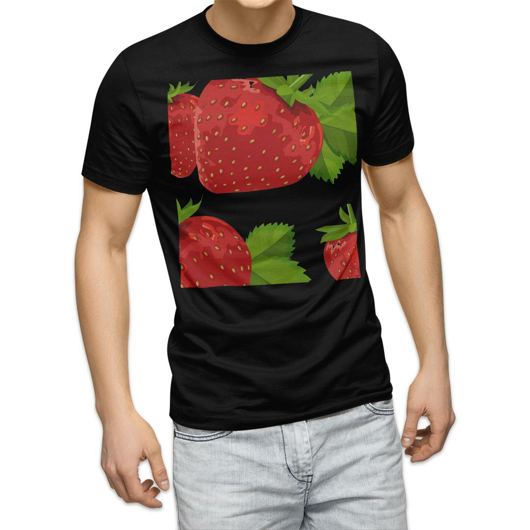 tシャツ メンズ 半袖 ブラック デザイン XS S M L XL 2XL Tシャツ ティーシャツ T shirt 黒 004235 苺 イラスト シンプル